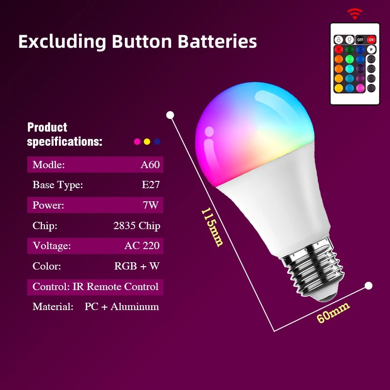 1-10Pcs LED RGB Bulb Remote Control Multicolor Lamps AC220V E27 Dimmable Lampada Bombilla Living Room Home Luminair for Home