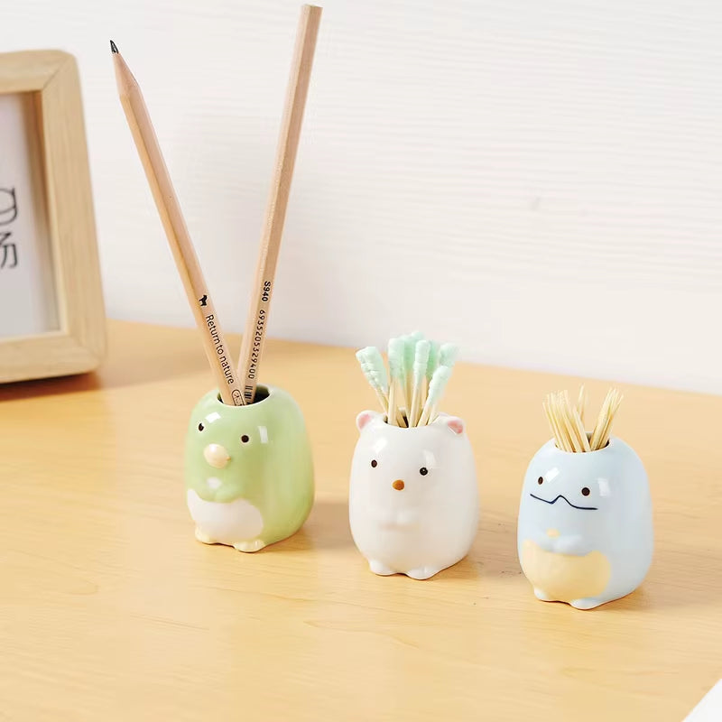 Mini Cute Toothbrush Holder Ceramics Multi-Function Storage Stand Makeup Pen Holder for Home Bathroom Decoration