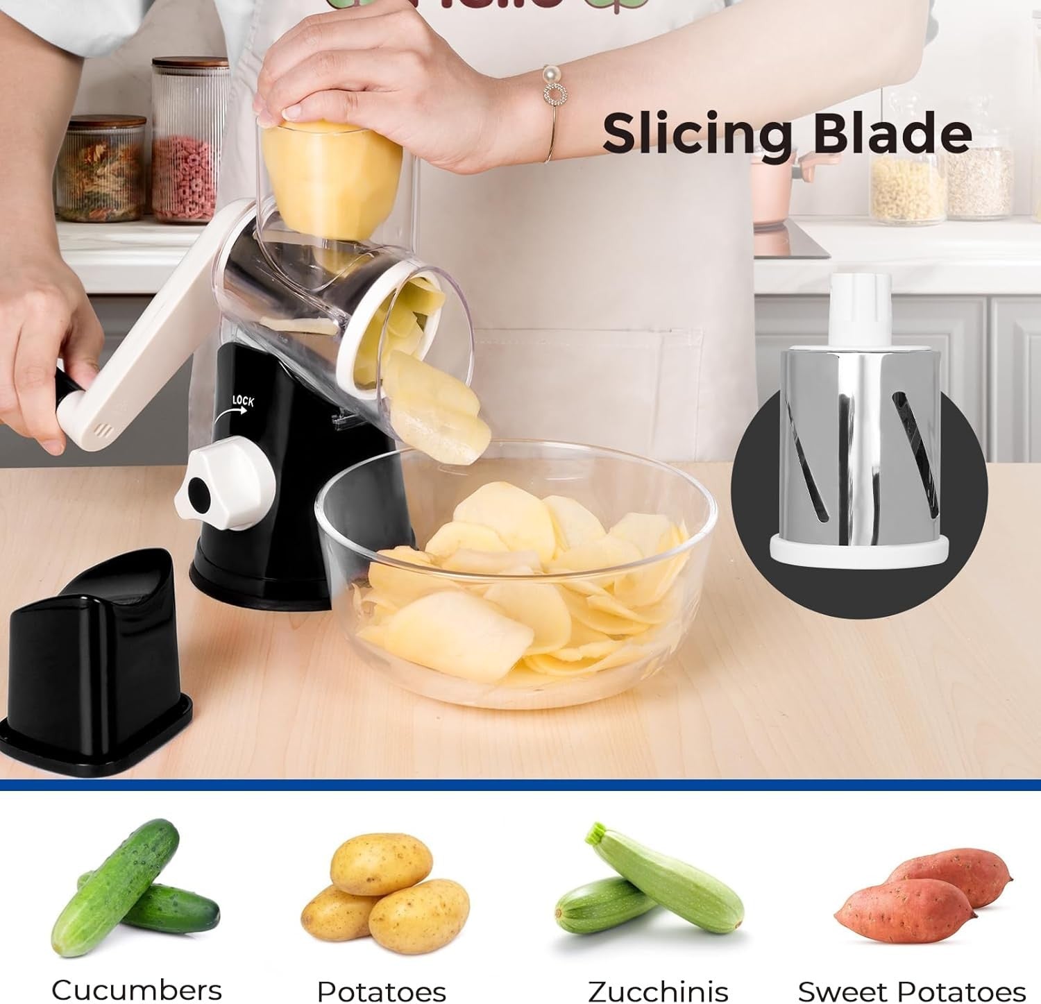 Küchen Gemüsehobel Reibemühle Salatschneider Reibe Slicer+3 Edelstahl Trommeln