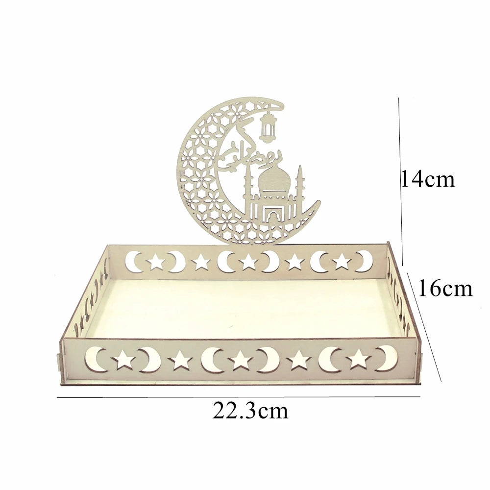 Eid Mubarak White Tray Moon Star Wooden Tray for Ramadan Kareem Food Holder Supplies Al Adha Islamic Muslim Party Decorations