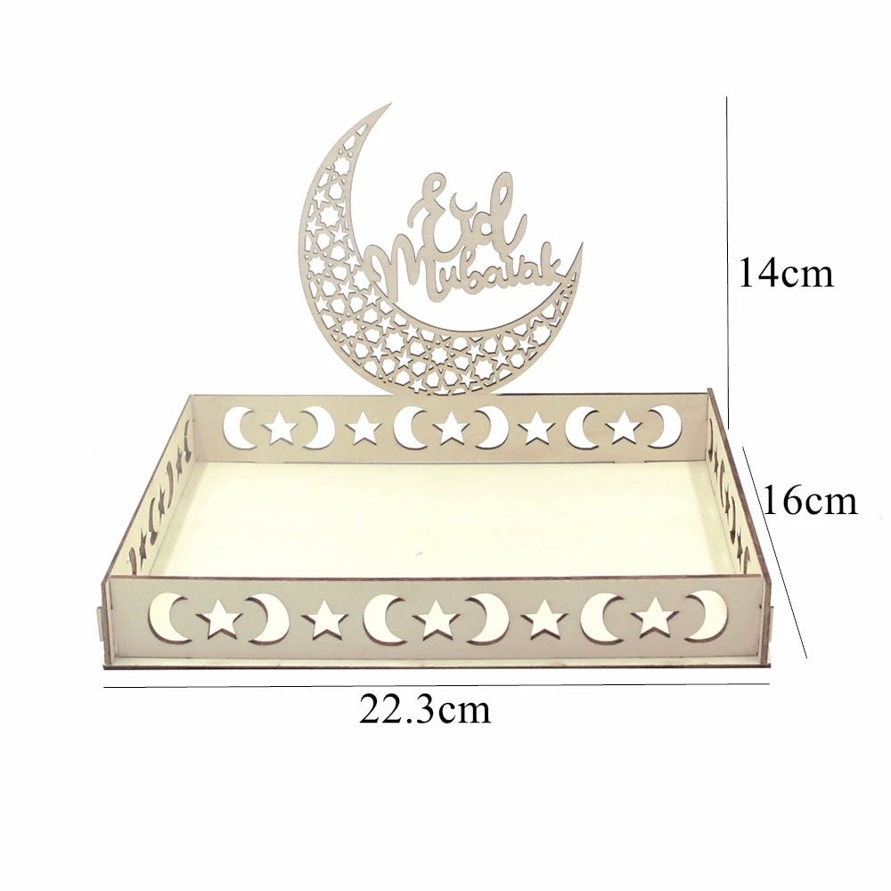 Eid Mubarak White Tray Moon Star Wooden Tray for Ramadan Kareem Food Holder Supplies Al Adha Islamic Muslim Party Decorations