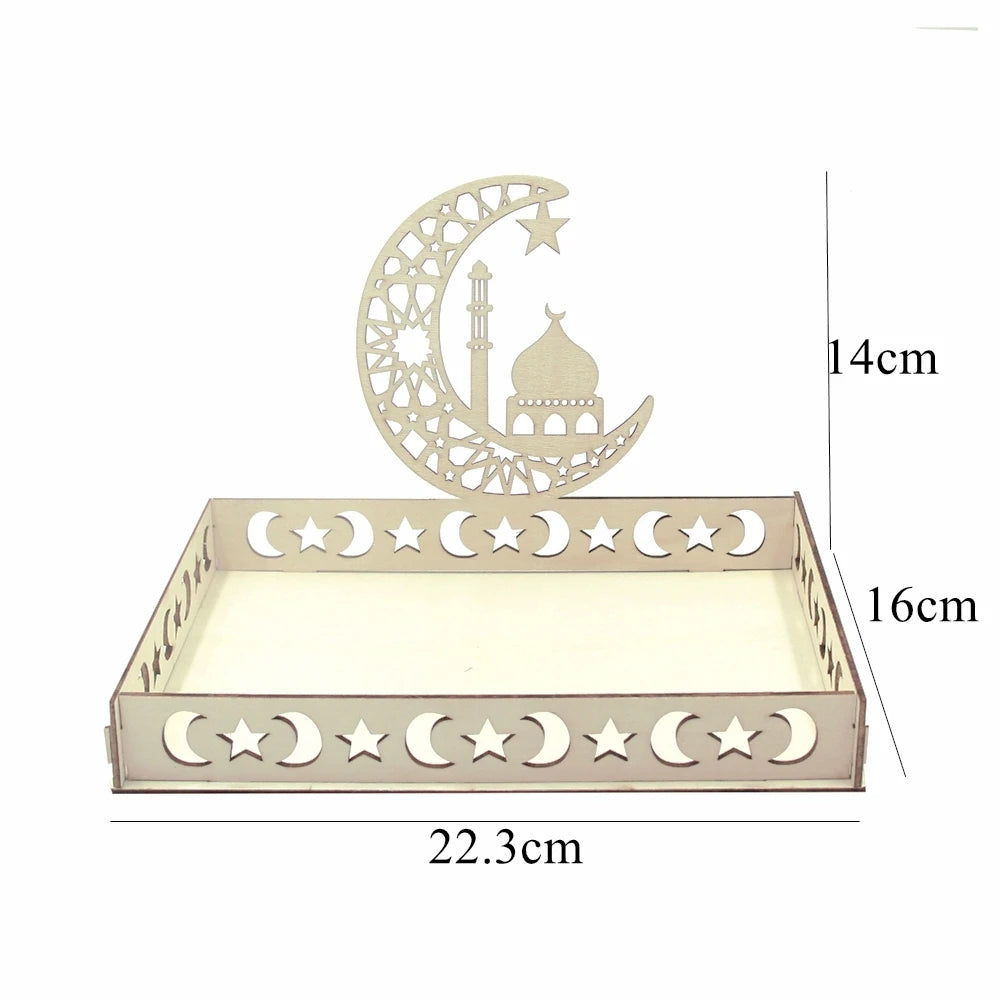 Eid Mubarak White Tray Moon Star Wooden Tray for Ramadan Kareem Food Holder Supplies Al Adha Islamic Muslim Party Decorations