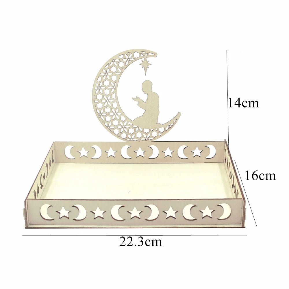Eid Mubarak White Tray Moon Star Wooden Tray for Ramadan Kareem Food Holder Supplies Al Adha Islamic Muslim Party Decorations