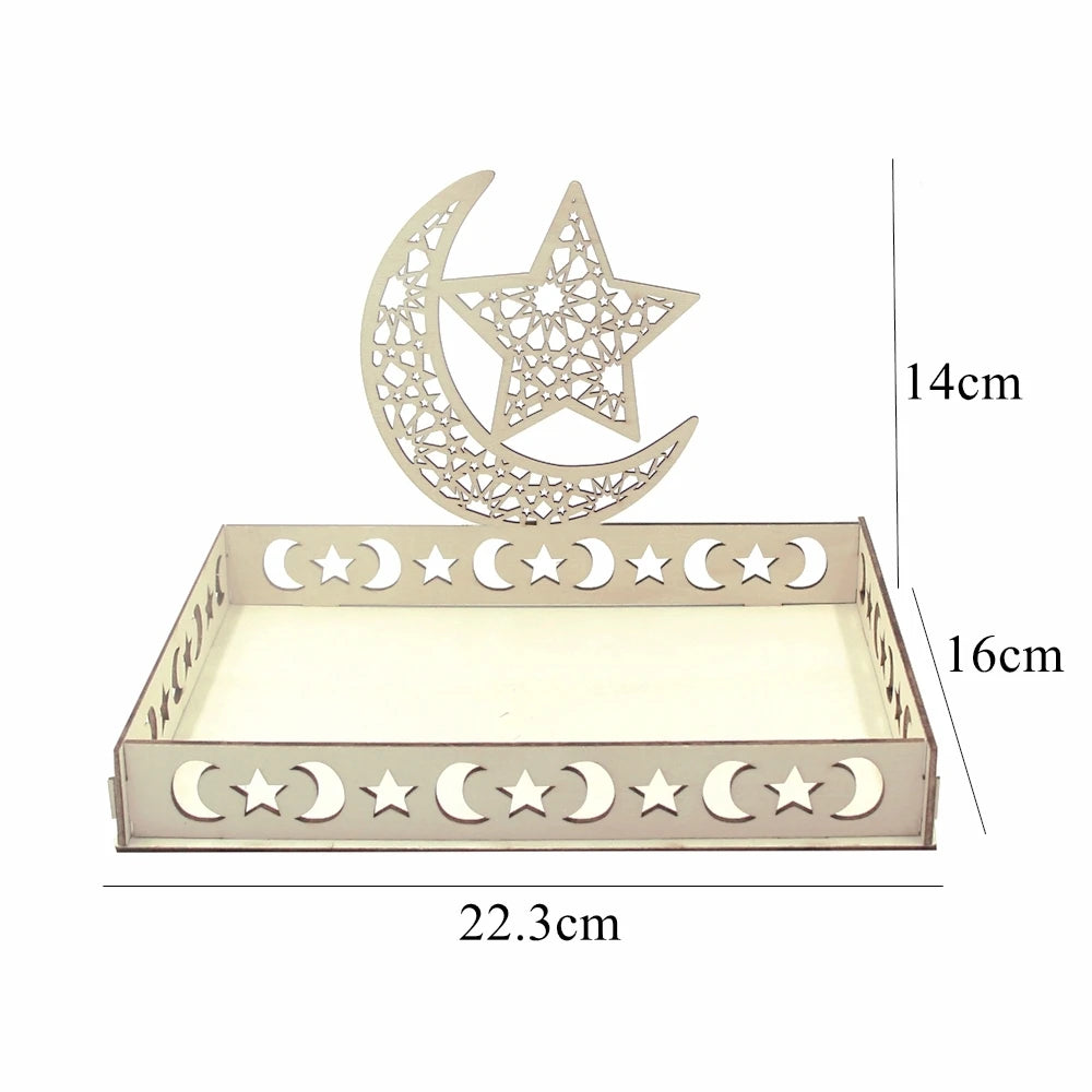 Eid Mubarak White Tray Moon Star Wooden Tray for Ramadan Kareem Food Holder Supplies Al Adha Islamic Muslim Party Decorations