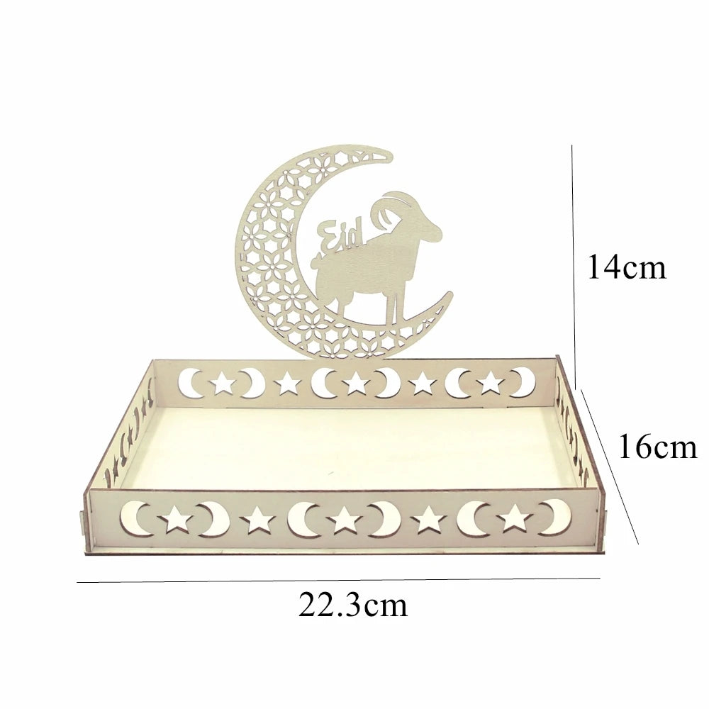 Eid Mubarak White Tray Moon Star Wooden Tray for Ramadan Kareem Food Holder Supplies Al Adha Islamic Muslim Party Decorations
