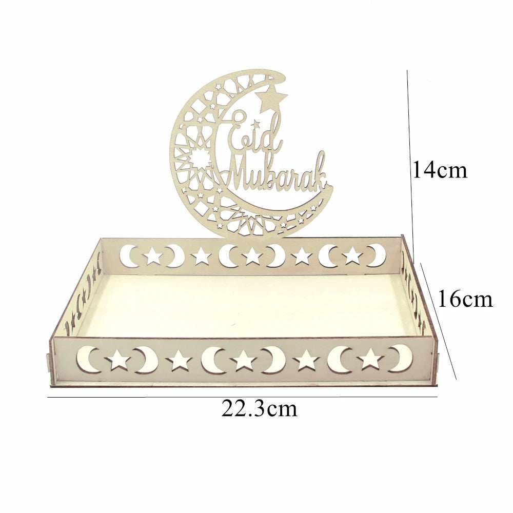 Eid Mubarak White Tray Moon Star Wooden Tray for Ramadan Kareem Food Holder Supplies Al Adha Islamic Muslim Party Decorations