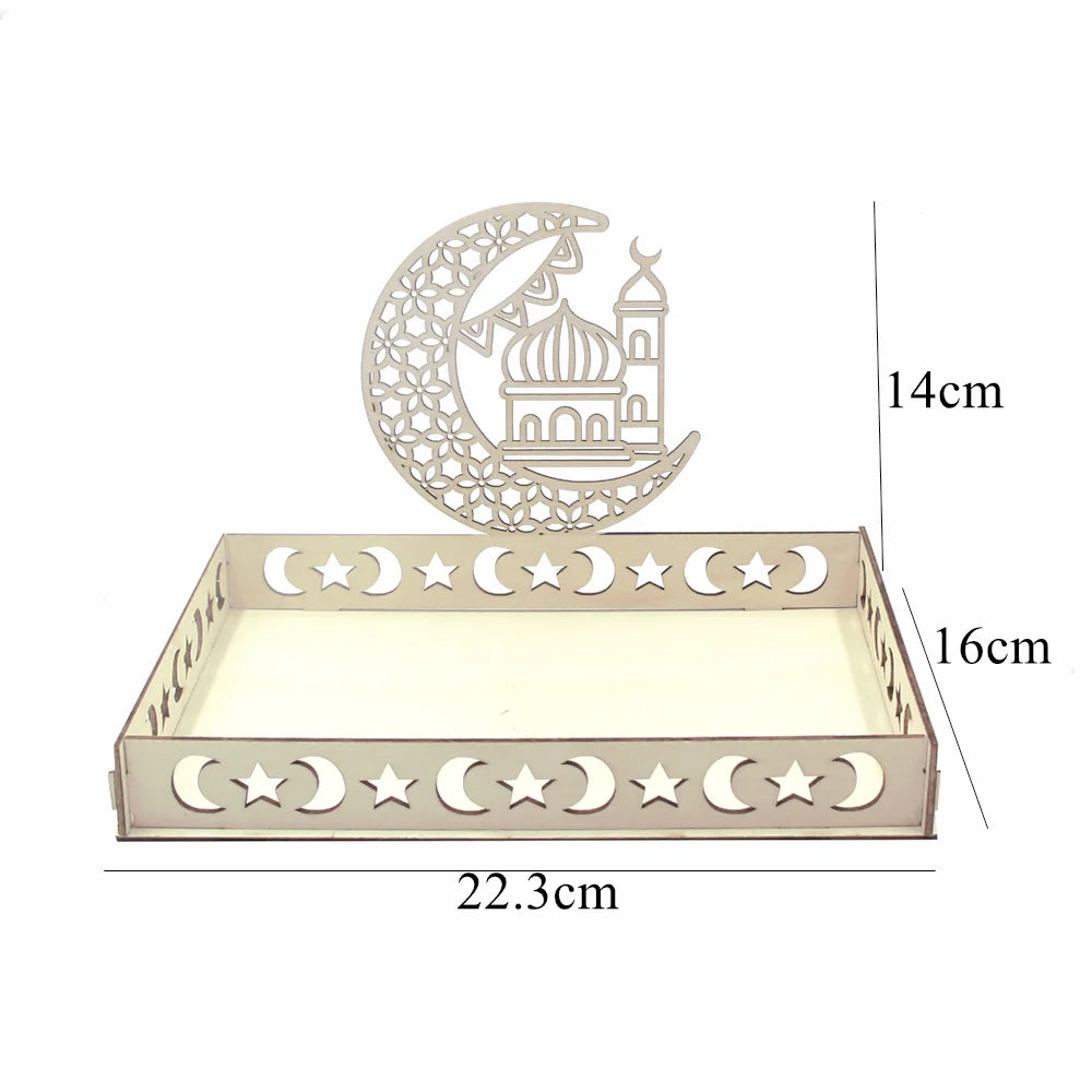 Eid Mubarak White Tray Moon Star Wooden Tray for Ramadan Kareem Food Holder Supplies Al Adha Islamic Muslim Party Decorations
