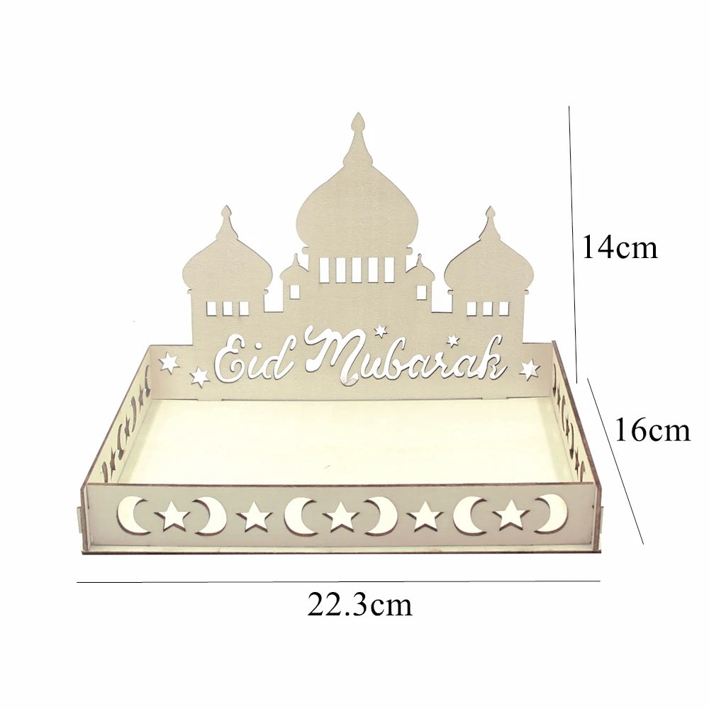 Eid Mubarak White Tray Moon Star Wooden Tray for Ramadan Kareem Food Holder Supplies Al Adha Islamic Muslim Party Decorations