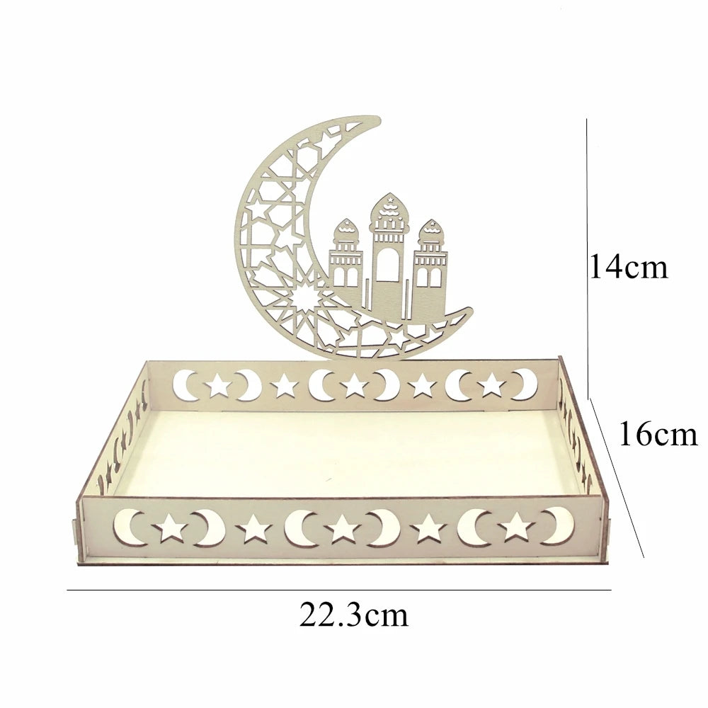 Eid Mubarak White Tray Moon Star Wooden Tray for Ramadan Kareem Food Holder Supplies Al Adha Islamic Muslim Party Decorations