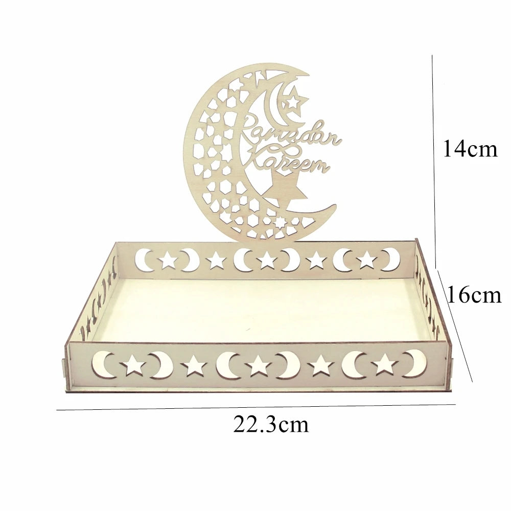 Eid Mubarak White Tray Moon Star Wooden Tray for Ramadan Kareem Food Holder Supplies Al Adha Islamic Muslim Party Decorations