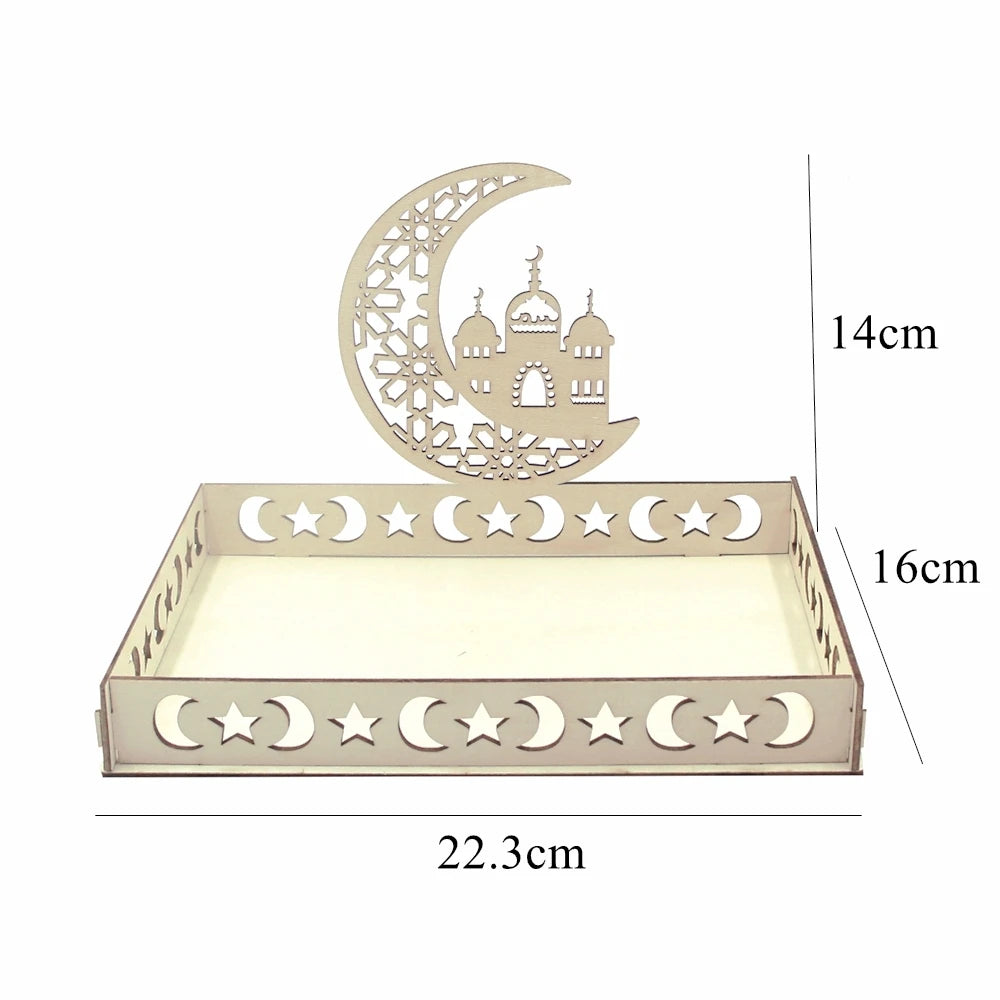 Eid Mubarak White Tray Moon Star Wooden Tray for Ramadan Kareem Food Holder Supplies Al Adha Islamic Muslim Party Decorations