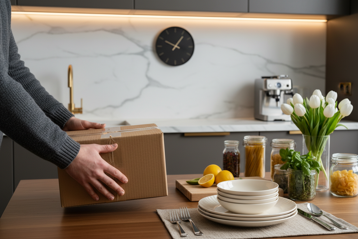 Only the man’s arms and hands are visible in the frame, with no full body or face shown. The kitchen table is fully filled and richly styled with coordinated kitchen items, appearing complete and balanced rather than half empty. The overall scene should feel luxurious and engaging, with premium materials, elegant textures, and warm LED lighting enhancing a sophisticated, high-end kitchen atmosphere.