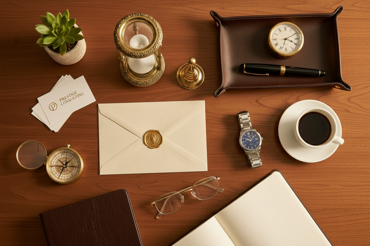 The luxury wood desk is fully styled and visually rich, filled with carefully arranged premium objects so the surface appears complete and balanced, not sparse or half empty, maintaining an elegant, curated, high-end composition from the bird’s-eye perspective.